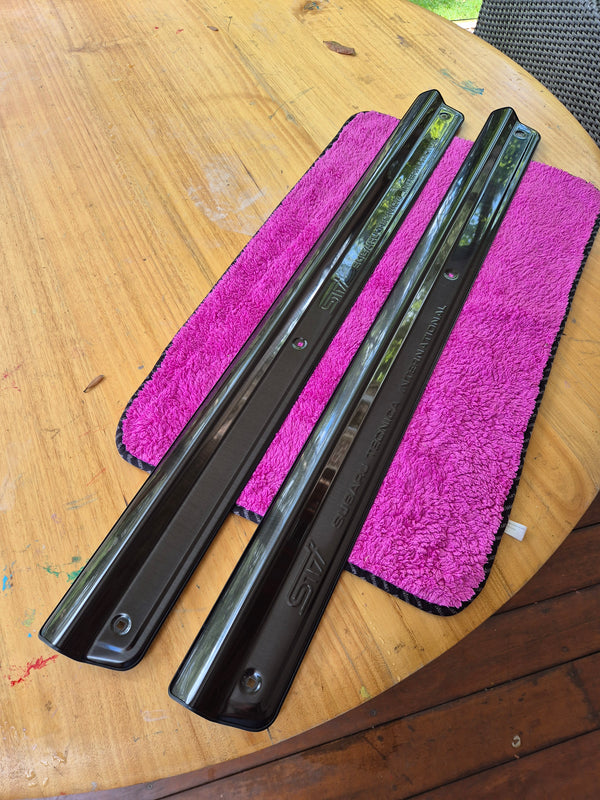 Subaru Impreza Coupe WRX Type R STi 22B Black Sill Plate covers (GC8) Type R Scuff Plate GM8 OEM P/N STS075580000 / 94065FA250 (Not Aluminium)