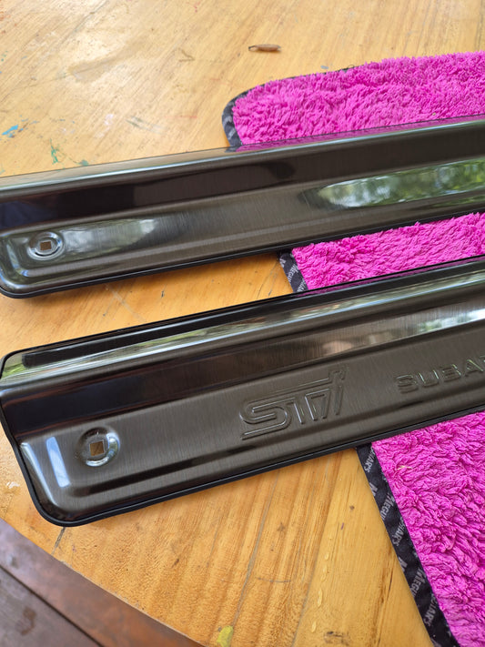 Subaru Impreza Coupe WRX Type R STi 22B Black Sill Plate covers (GC8) Type R Scuff Plate GM8 OEM P/N STS075580000 / 94065FA250 (Not Aluminium)